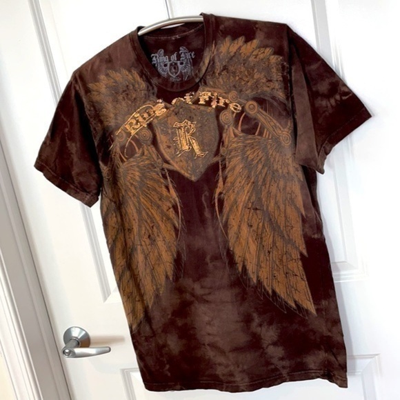 RING OF FIRE | Men’s ROF Angel Wings Graphic Faded Brown Shirt Size Large - Picture 1 of 7